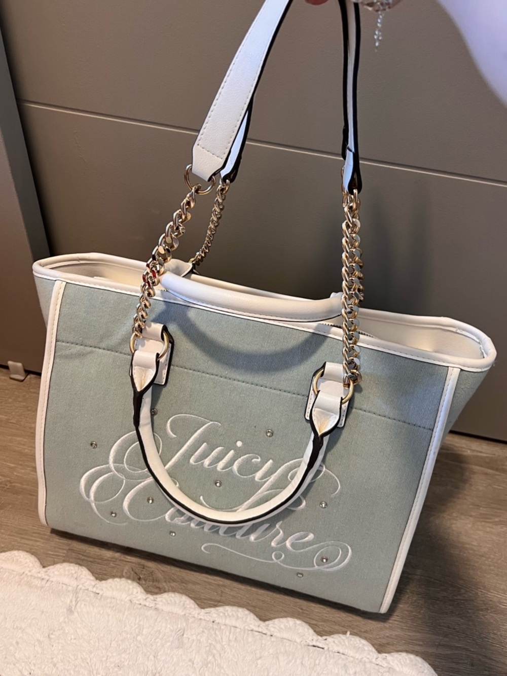 Juicy Couture Sage Green Canvas Tote with White Trim and Script Logo